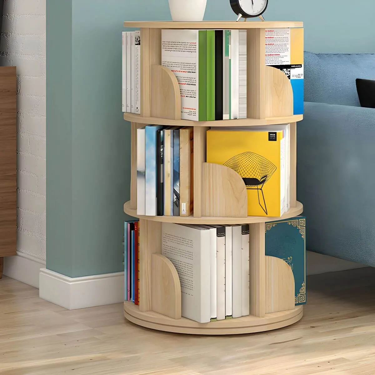 Modern Rotating Geometric Wooden Bookshelf – White & Light Wood