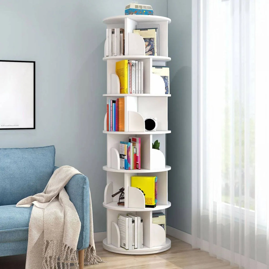 Modern Rotating Geometric Wooden Bookshelf – White & Light Wood