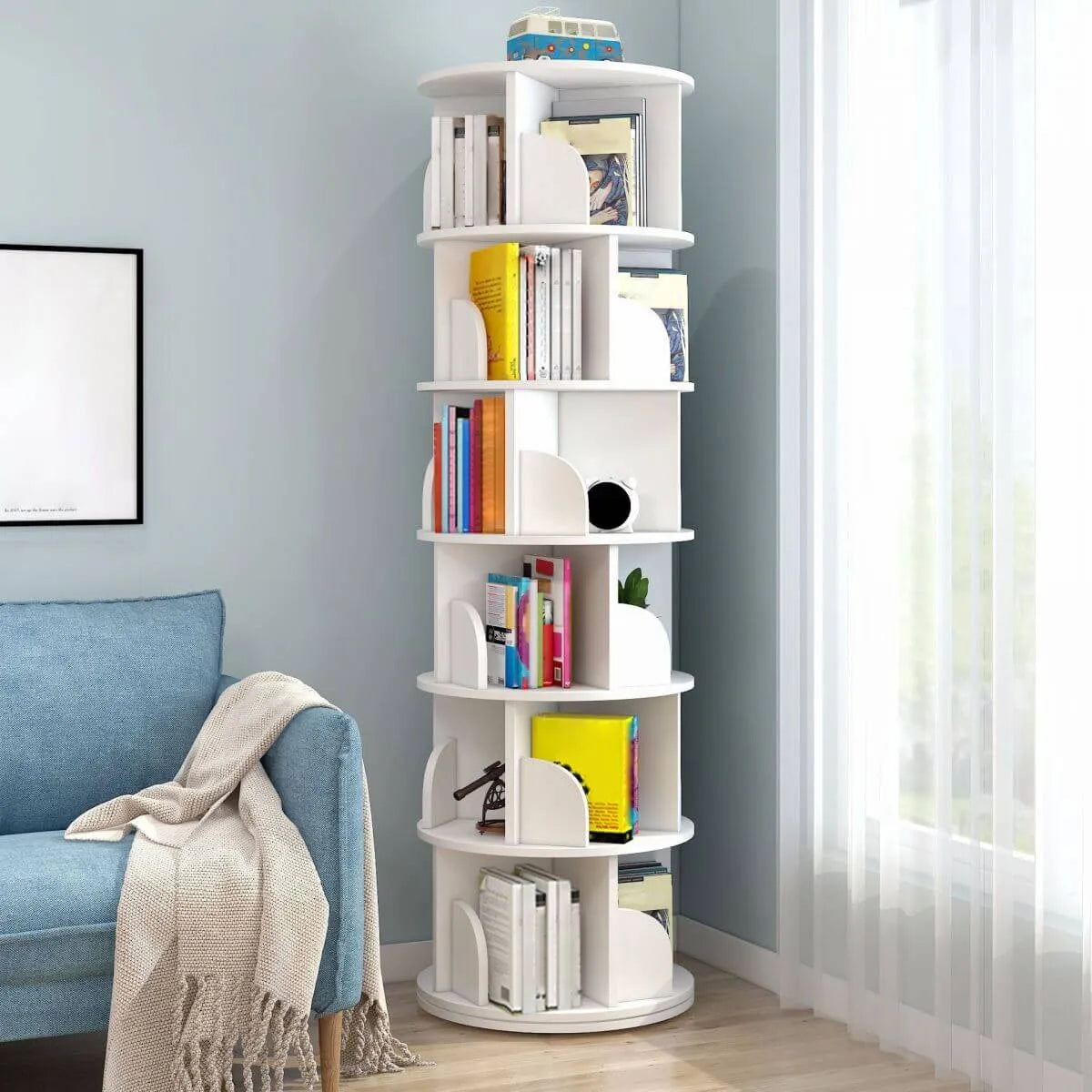 Modern Rotating Geometric Wooden Bookshelf – White & Light Wood