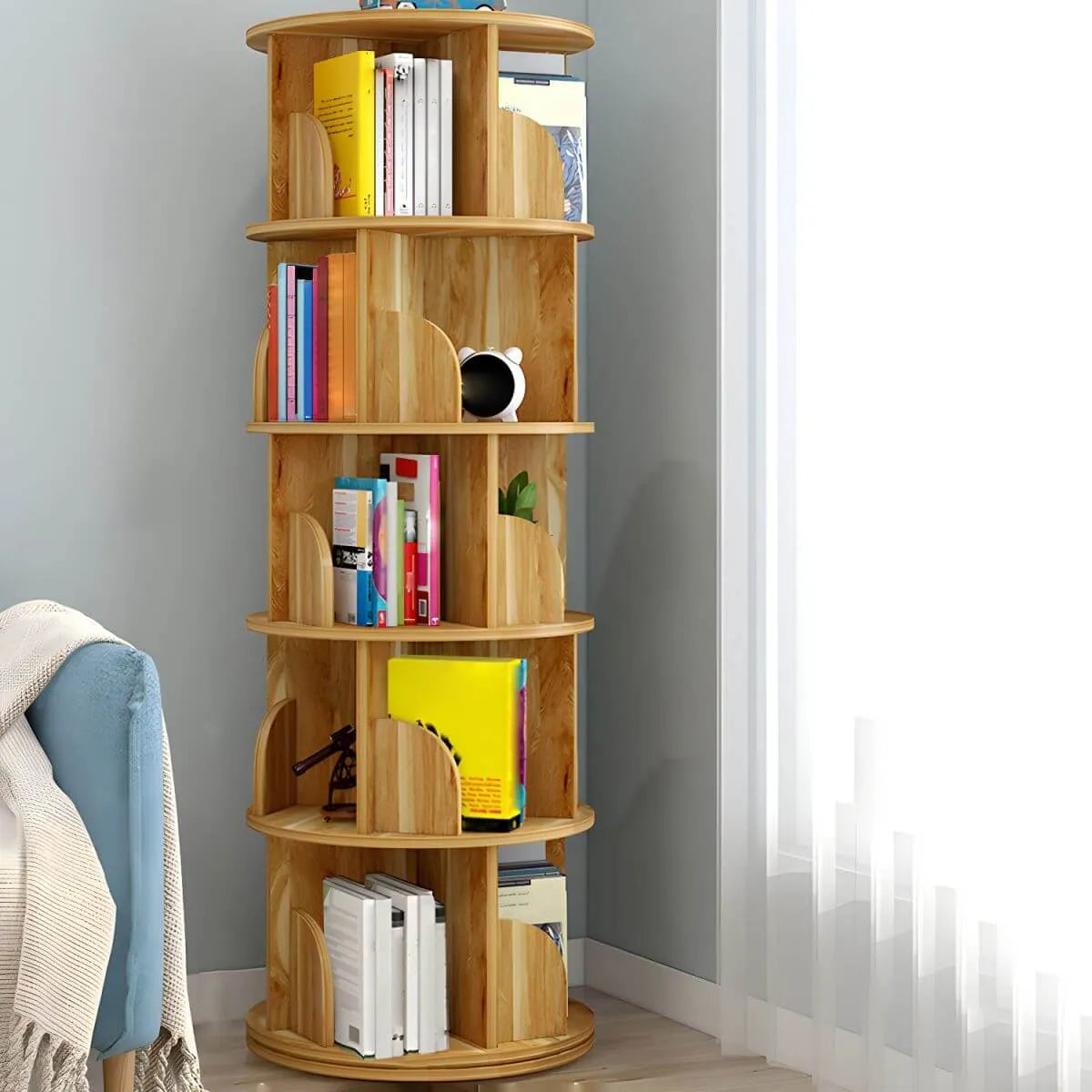 Modern Rotating Geometric Wooden Bookshelf – White & Light Wood