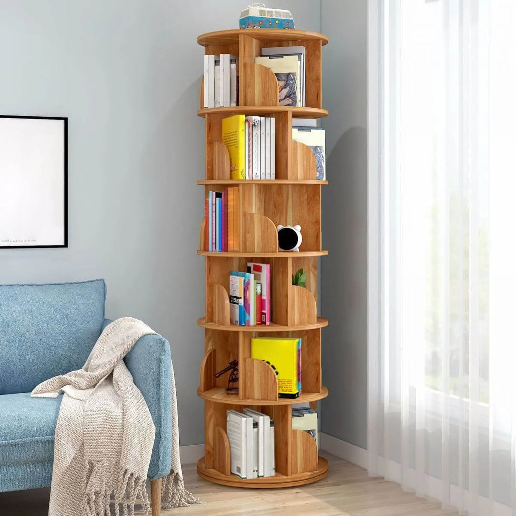 Modern Rotating Geometric Wooden Bookshelf – White & Light Wood