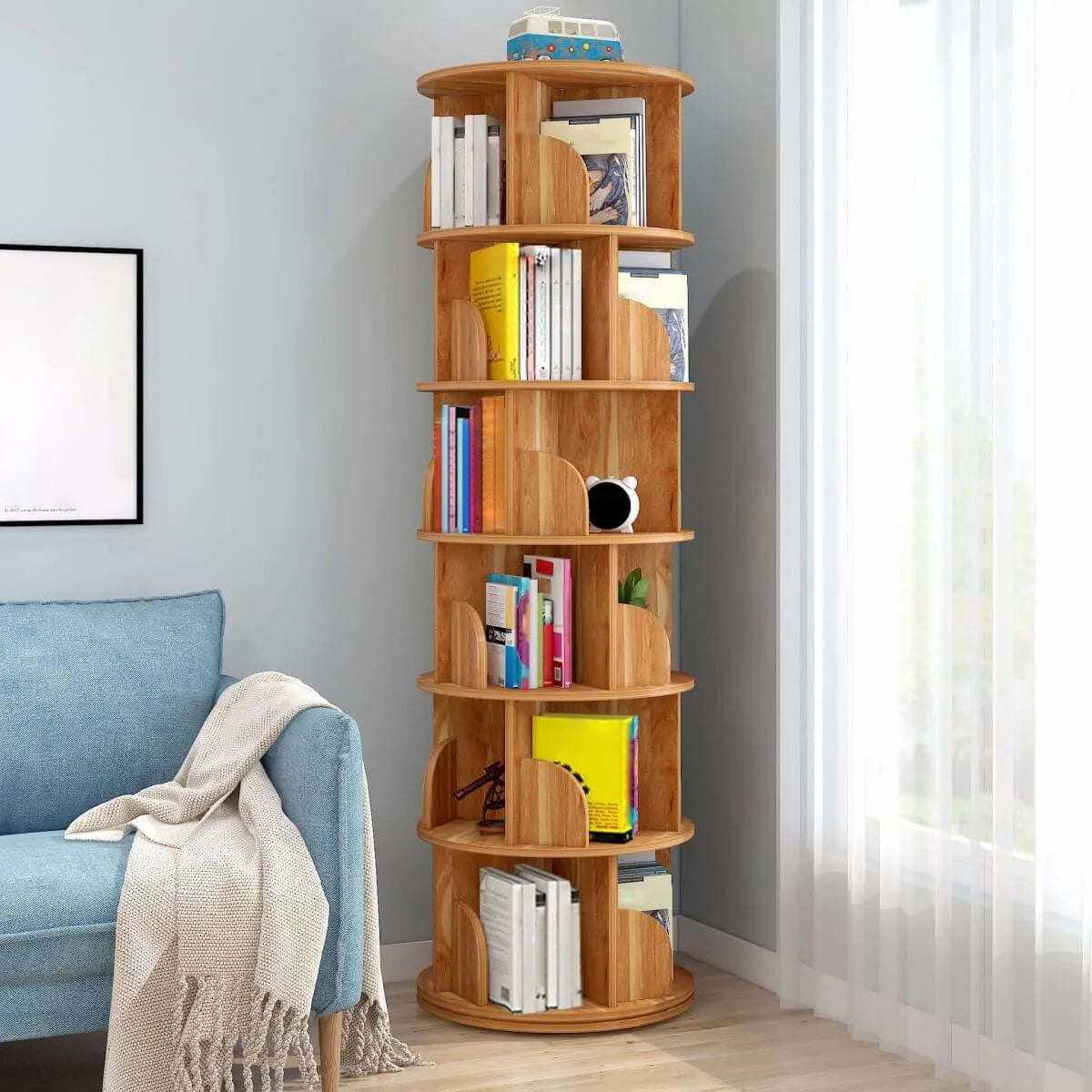 Modern Rotating Geometric Wooden Bookshelf – White & Light Wood