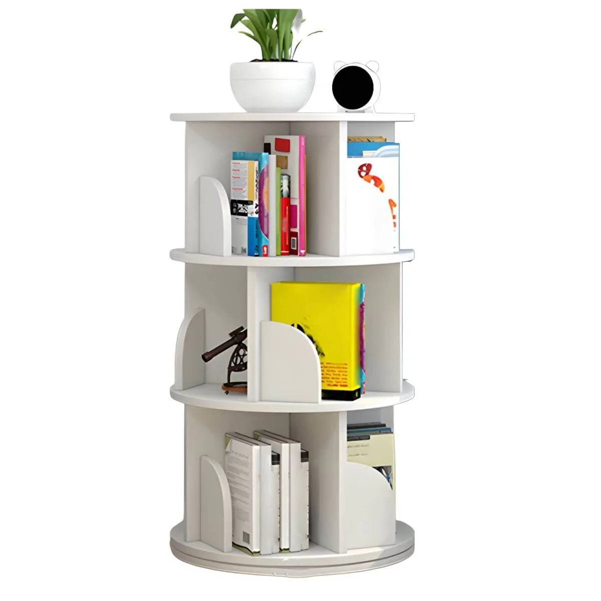 Modern Rotating Geometric Wooden Bookshelf – White & Light Wood