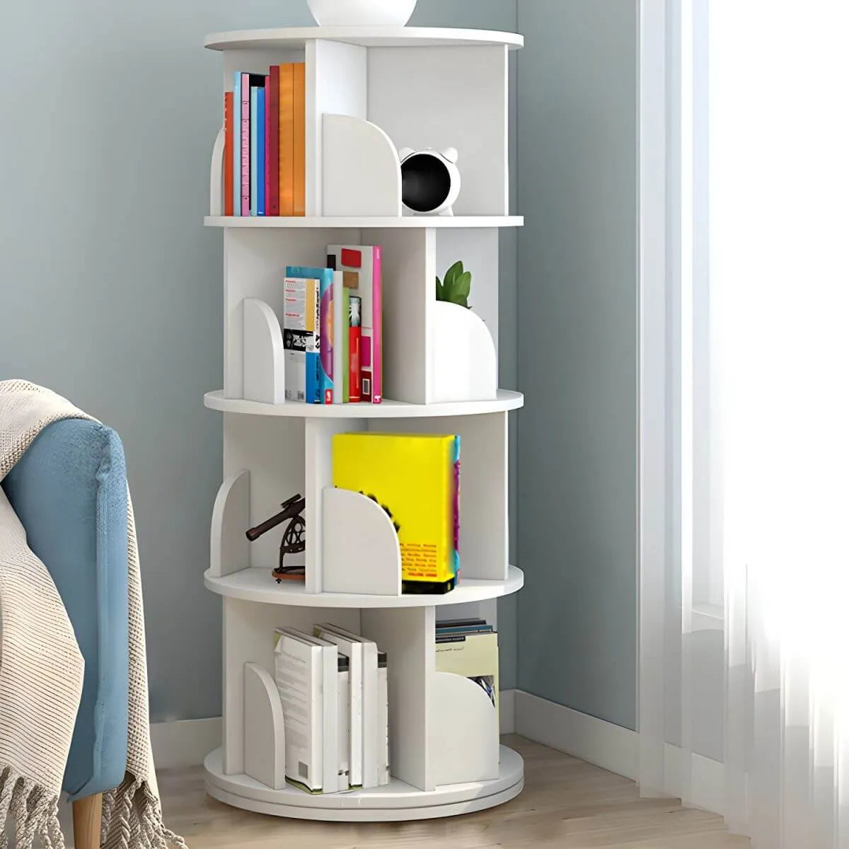 Modern Rotating Geometric Wooden Bookshelf – White & Light Wood