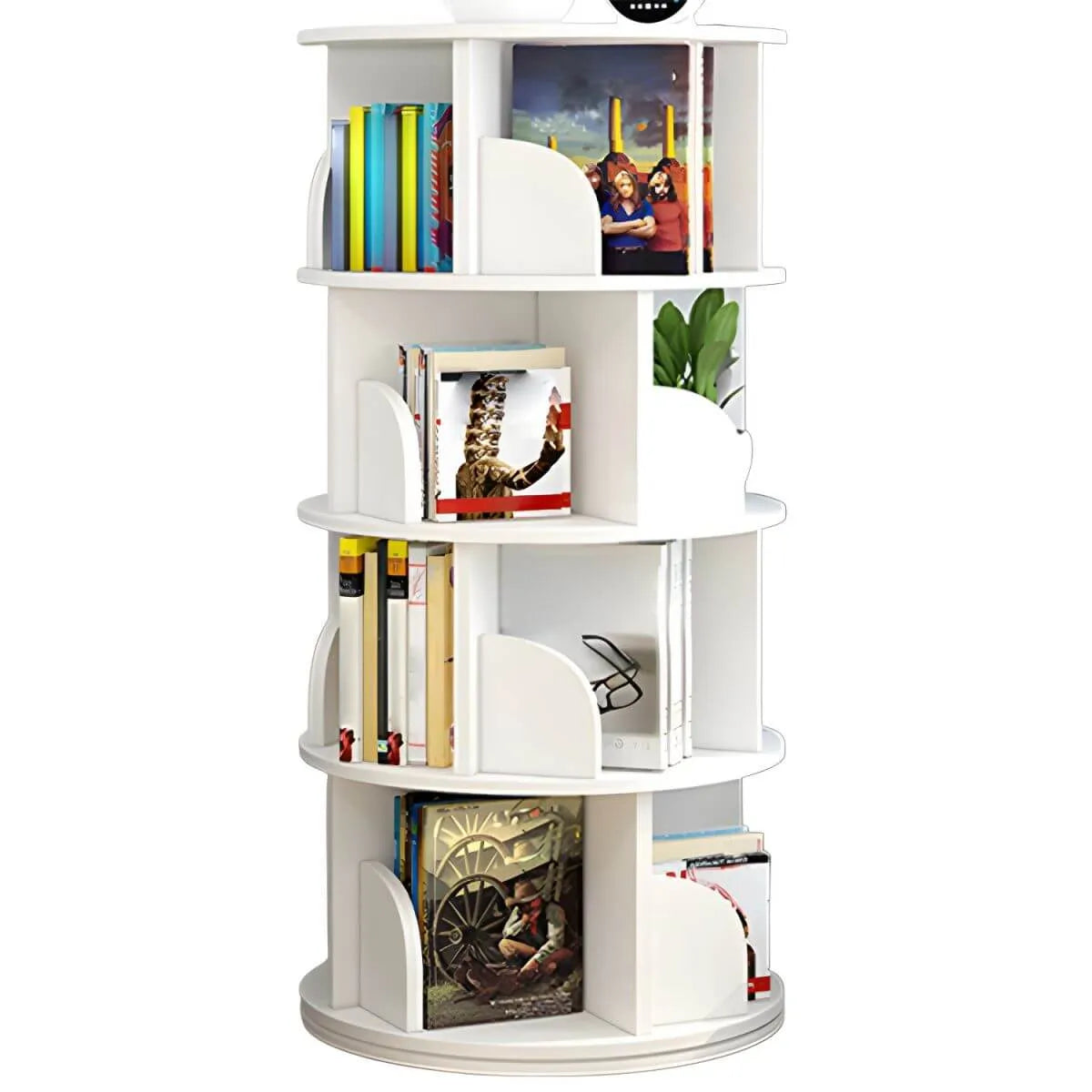 Modern Rotating Geometric Wooden Bookshelf – White & Light Wood