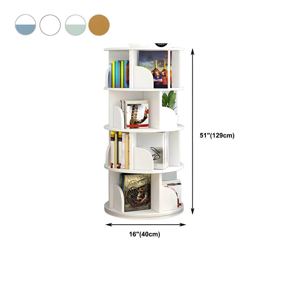 Modern Rotating Geometric Wooden Bookshelf – White & Light Wood Dimensions