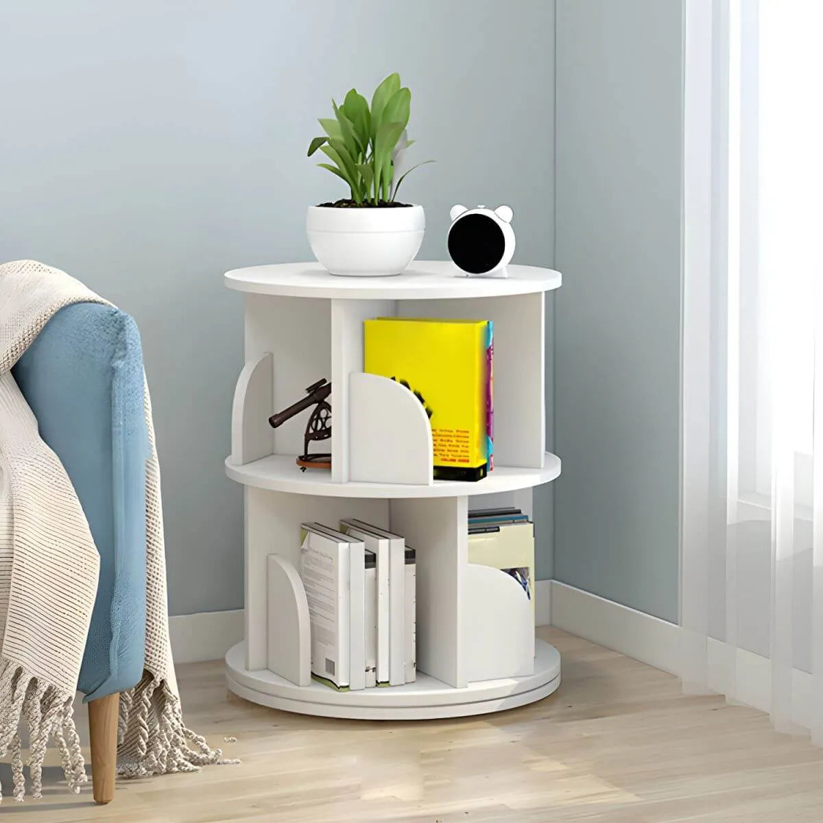 Modern Rotating Geometric Wooden Bookshelf – White & Light Wood Main Product Image Imagen principal del producto