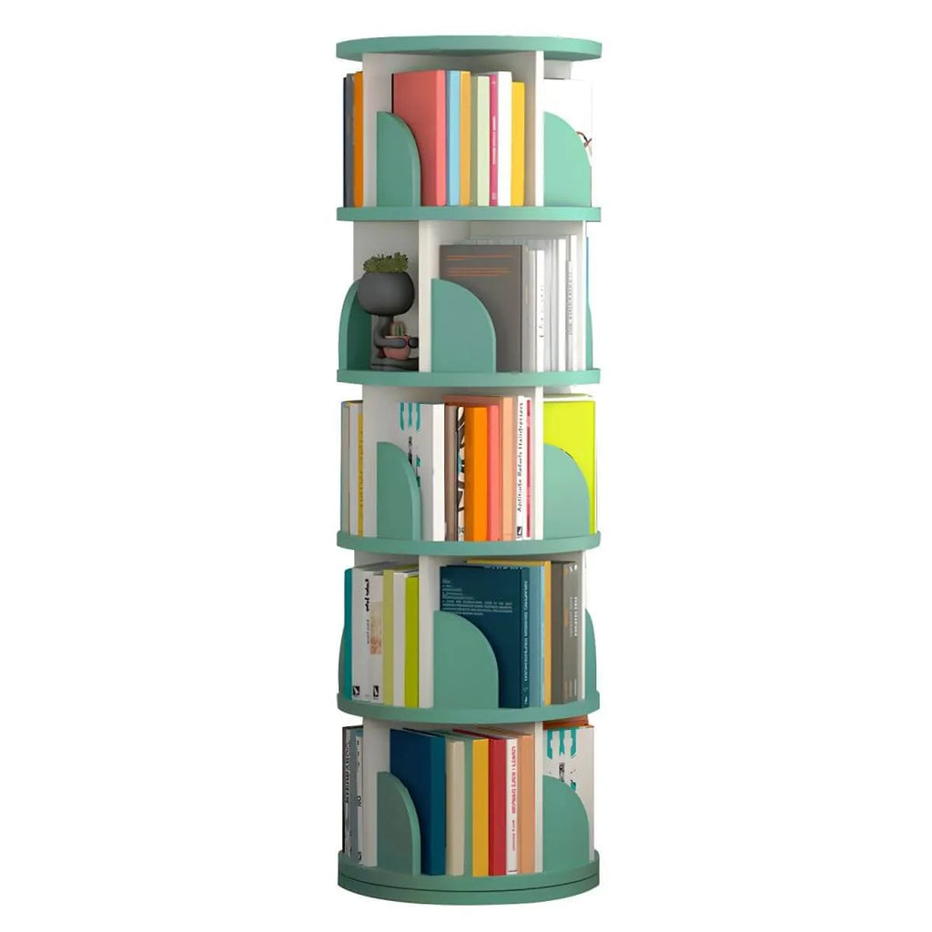 Modern Rotating Wooden Bookshelf – Geometric Open Shelving Unit
