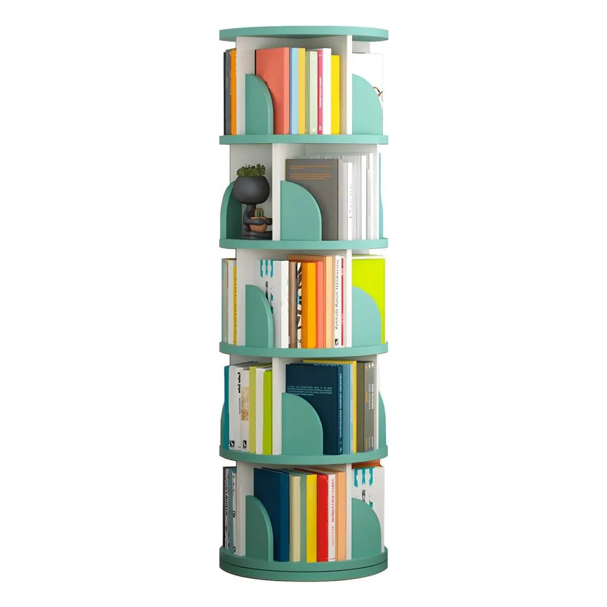 Modern Rotating Wooden Bookshelf – Geometric Open Shelving Unit