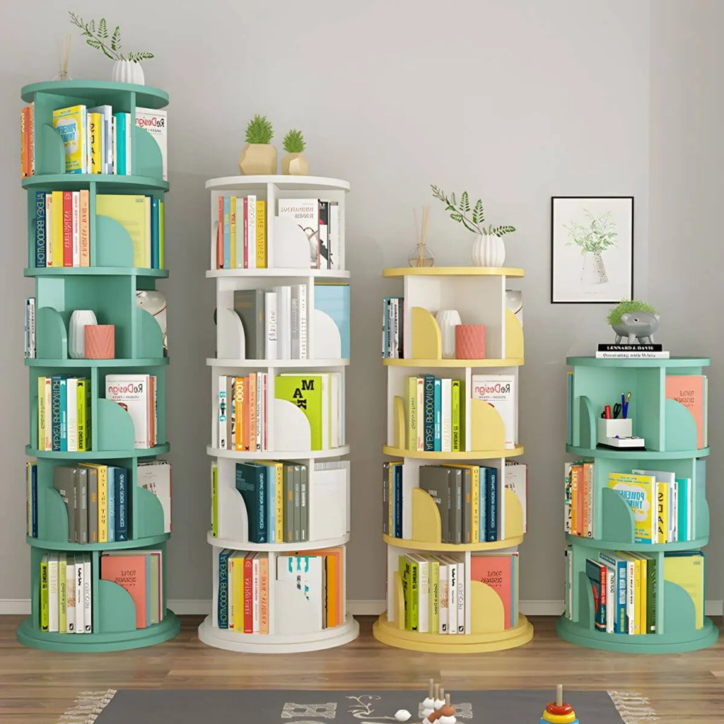 Modern Rotating Wooden Bookshelf – Geometric Open Shelving Unit