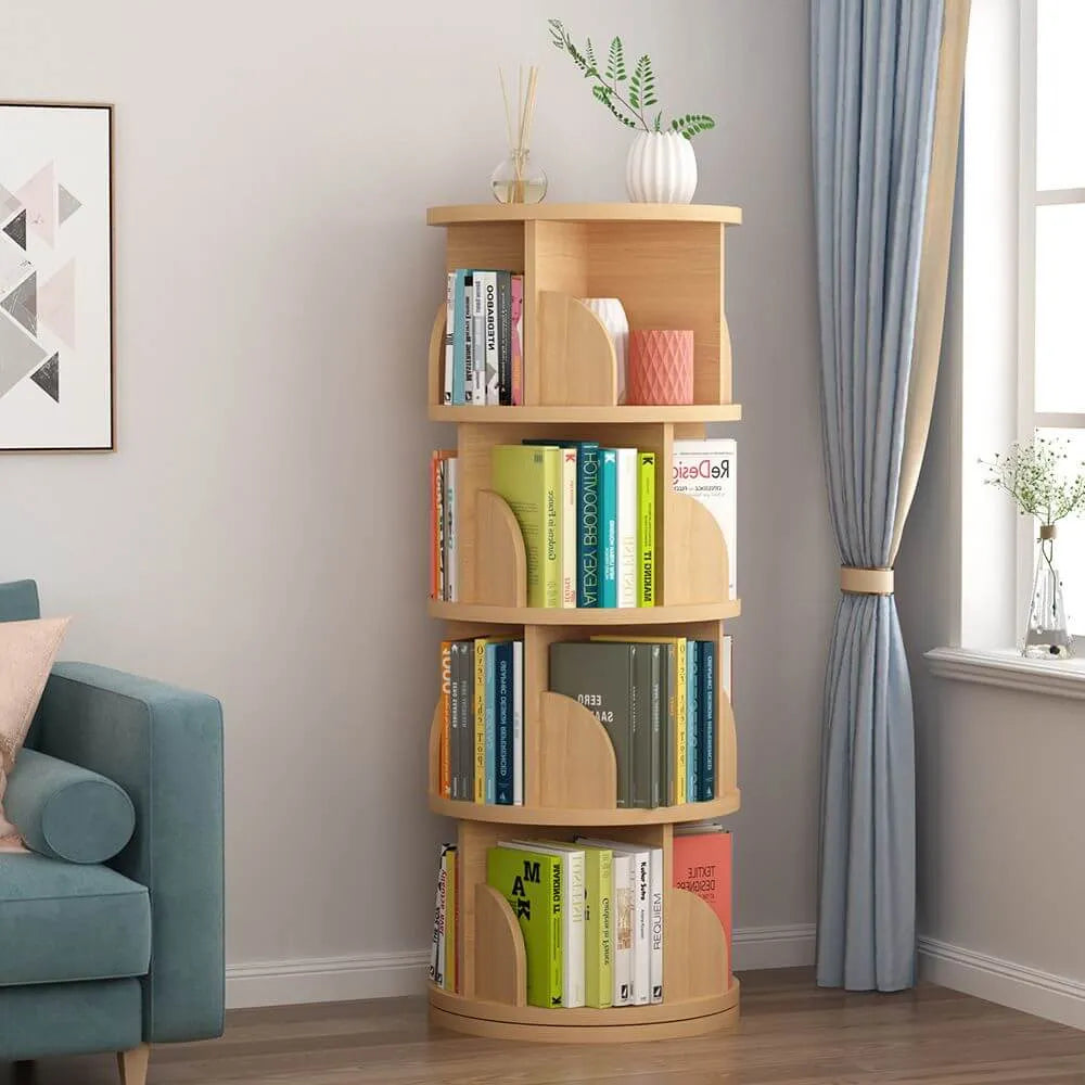 Modern Rotating Wooden Bookshelf – Geometric Open Shelving Unit