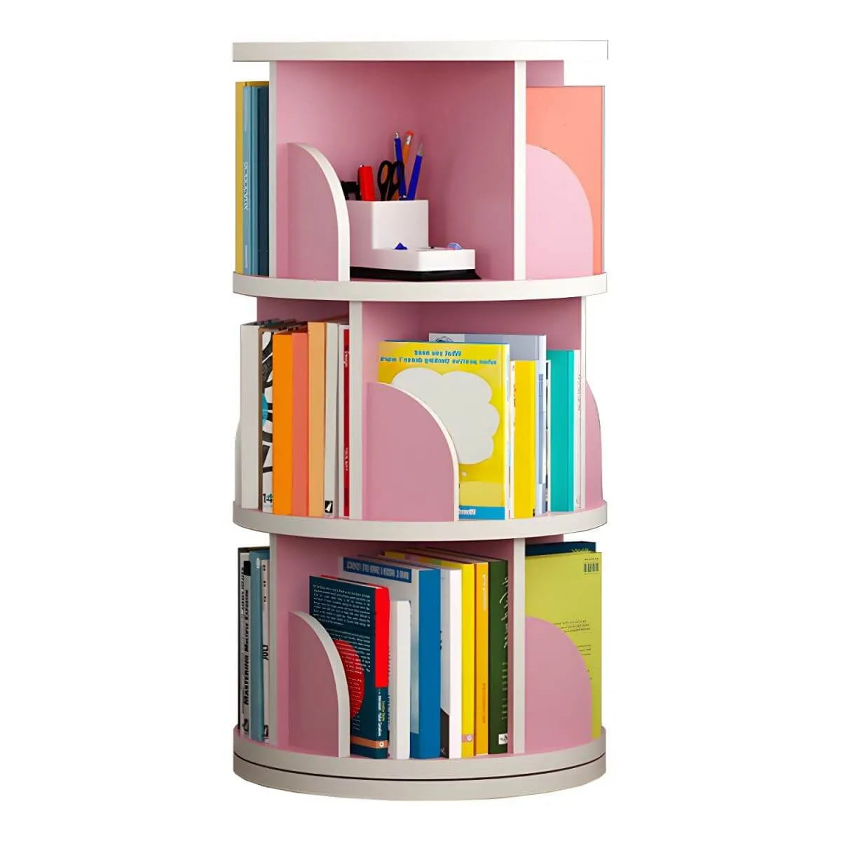 Modern Rotating Wooden Bookshelf – Geometric Open Shelving Unit