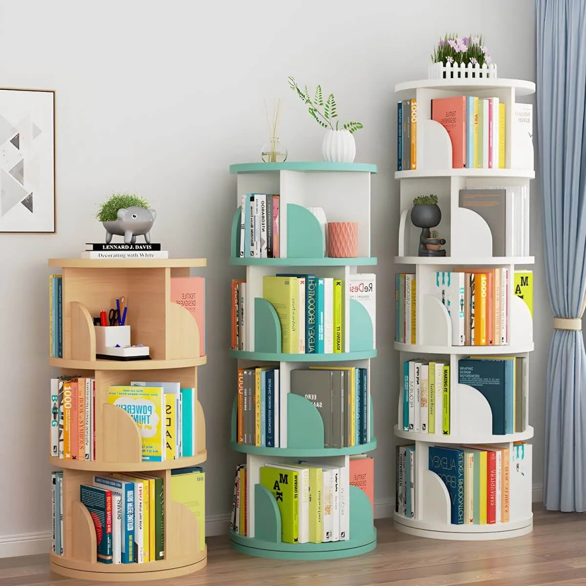 Modern Rotating Wooden Bookshelf – Geometric Open Shelving Unit