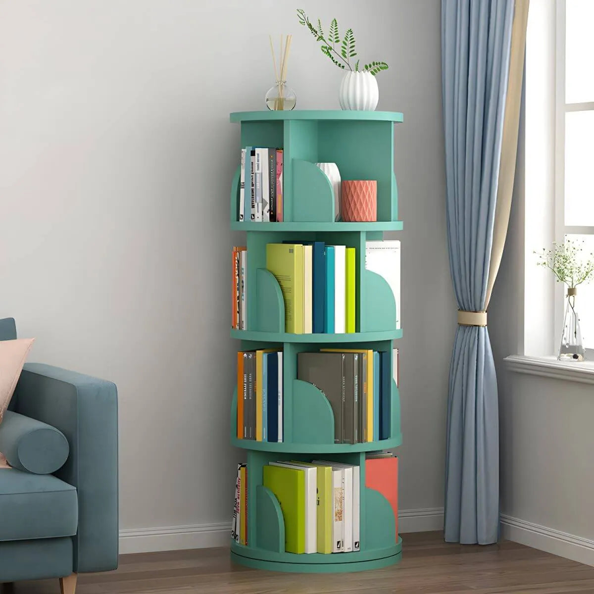 Modern Rotating Wooden Bookshelf – Geometric Open Shelving Unit Imagen secundaria del producto