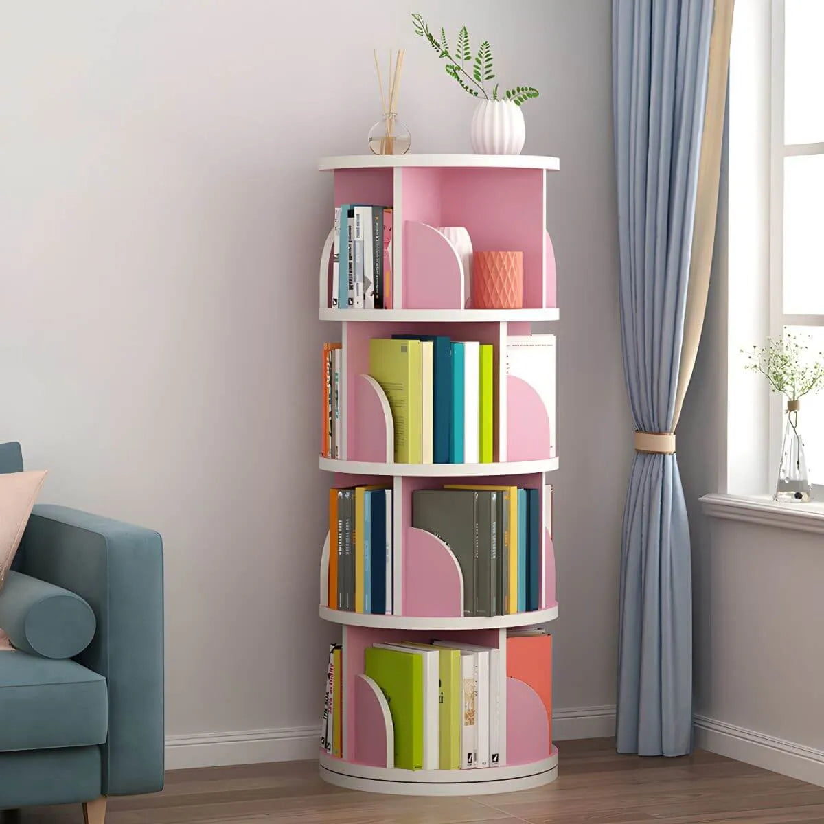 Modern Rotating Wooden Bookshelf – Geometric Open Shelving Unit