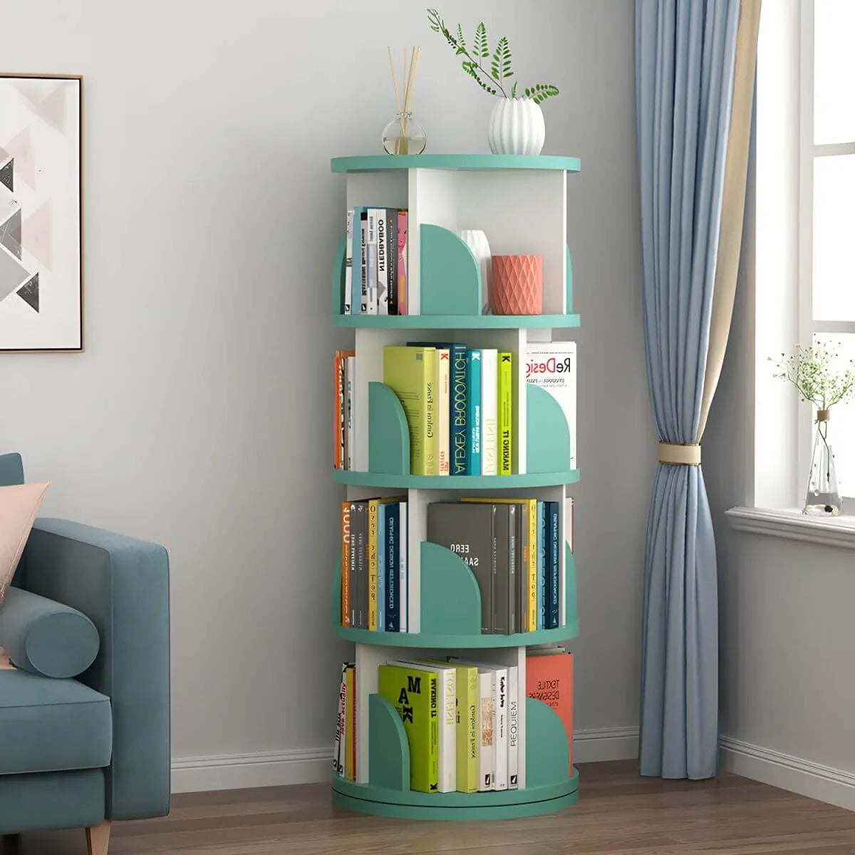 Modern Rotating Wooden Bookshelf – Geometric Open Shelving Unit