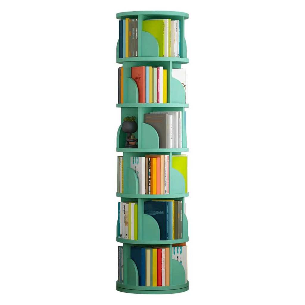 Modern Rotating Wooden Bookshelf – Geometric Open Shelving Unit