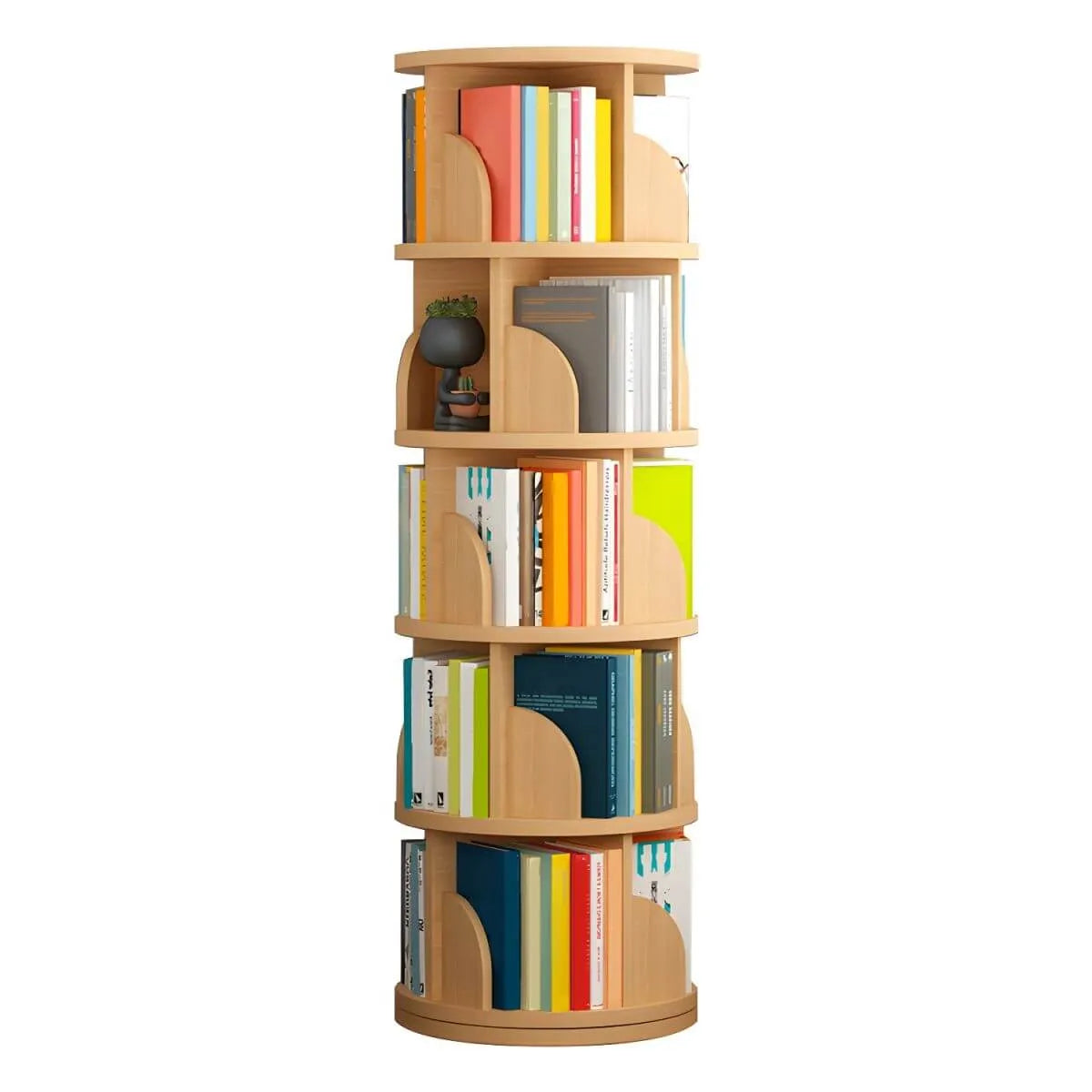 Modern Rotating Wooden Bookshelf – Geometric Open Shelving Unit
