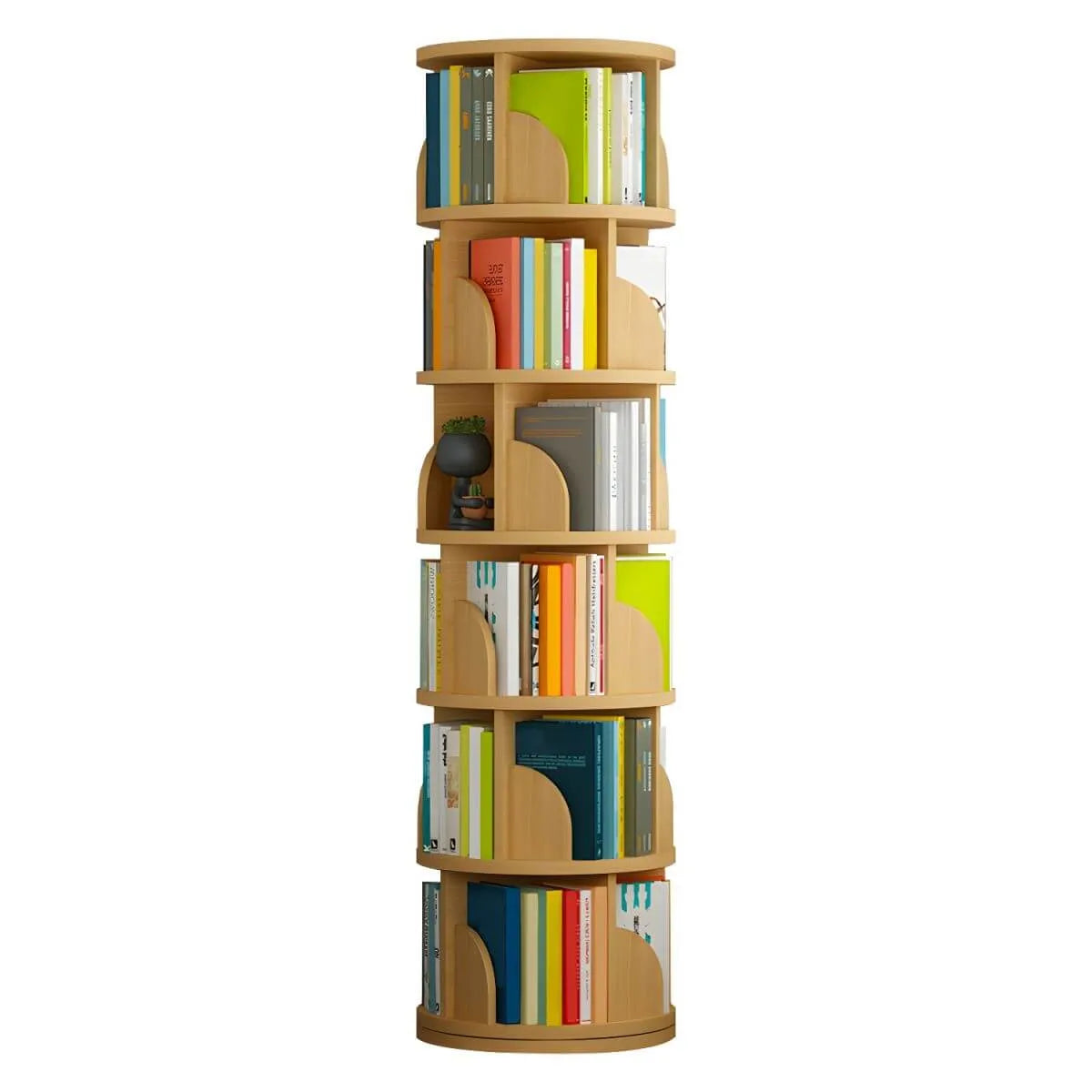 Modern Rotating Wooden Bookshelf – Geometric Open Shelving Unit