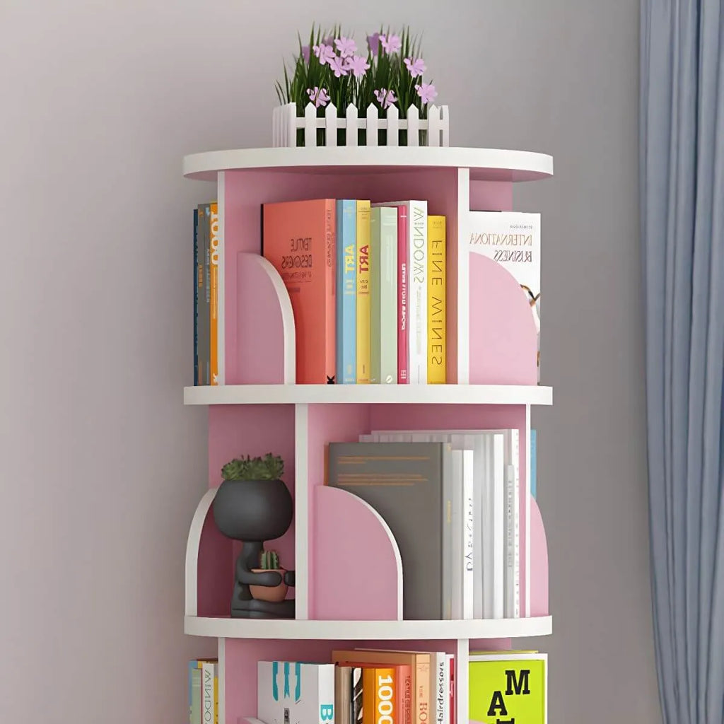 Modern Rotating Wooden Bookshelf – Geometric Open Shelving Unit