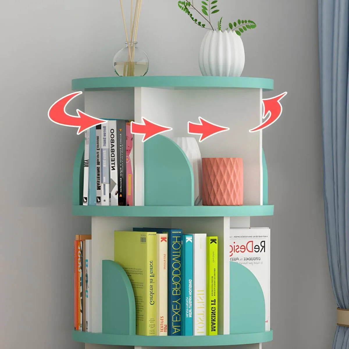 Modern Rotating Wooden Bookshelf – Geometric Open Shelving Unit