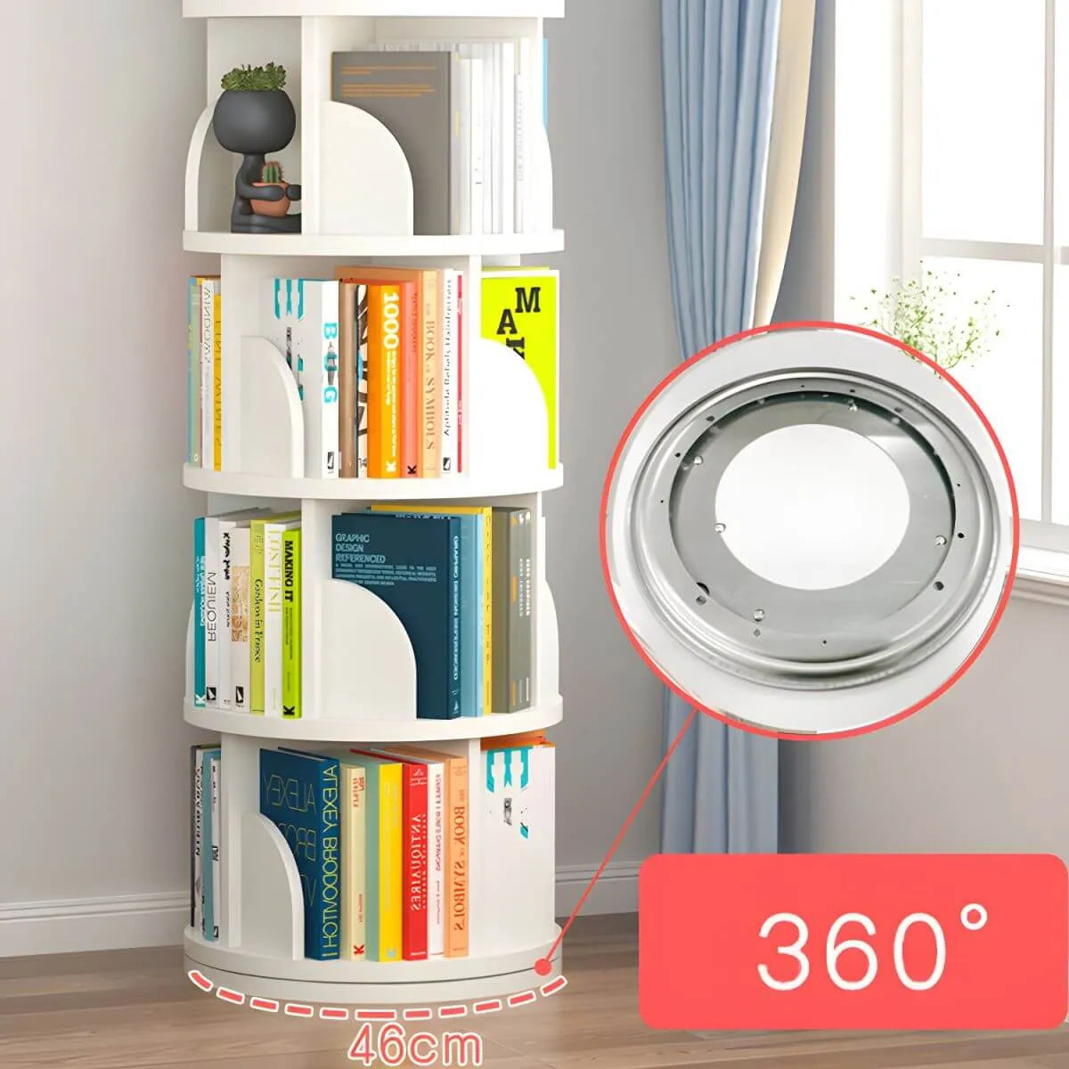 Modern Rotating Wooden Bookshelf – Geometric Open Shelving Unit