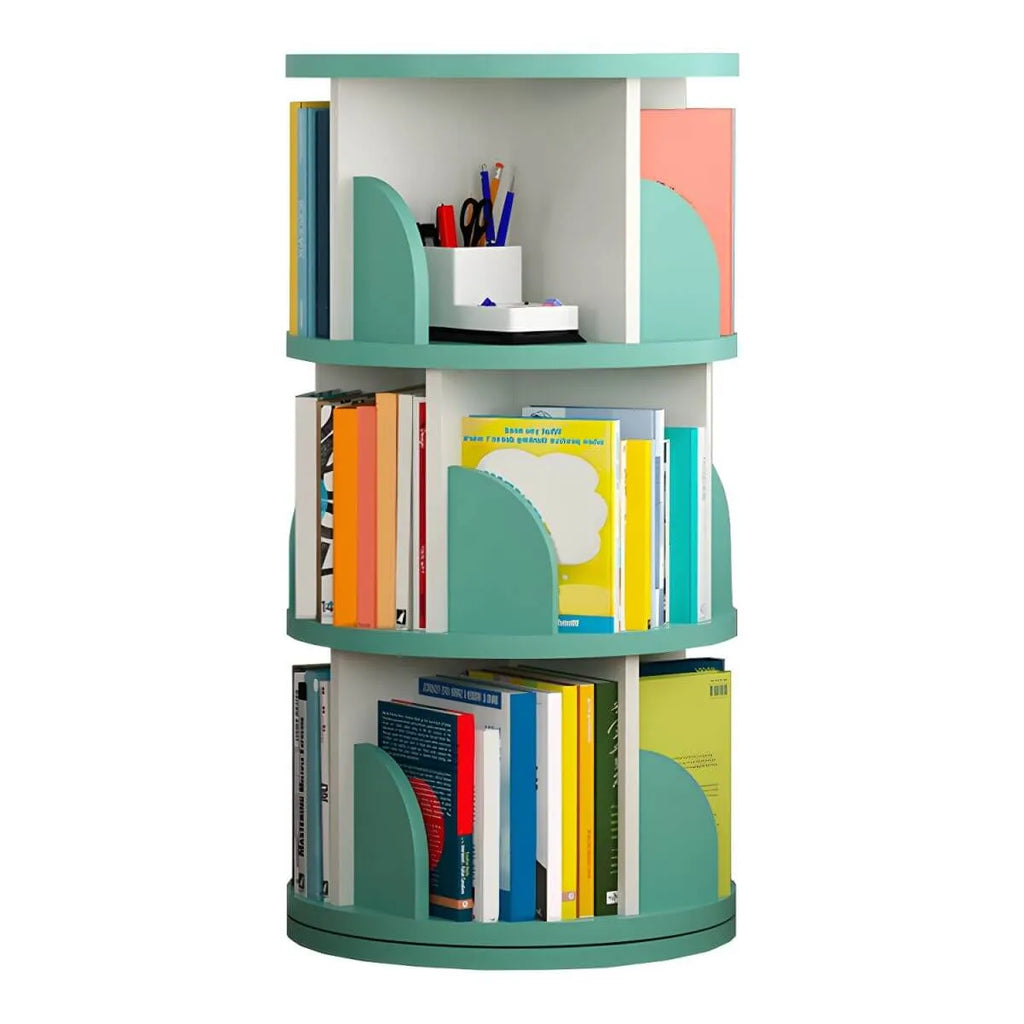 Modern Rotating Wooden Bookshelf – Geometric Open Shelving Unit
