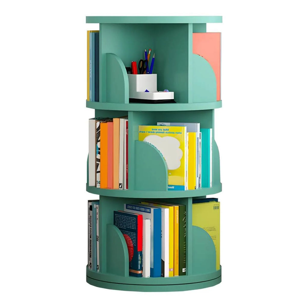 Modern Rotating Wooden Bookshelf – Geometric Open Shelving Unit