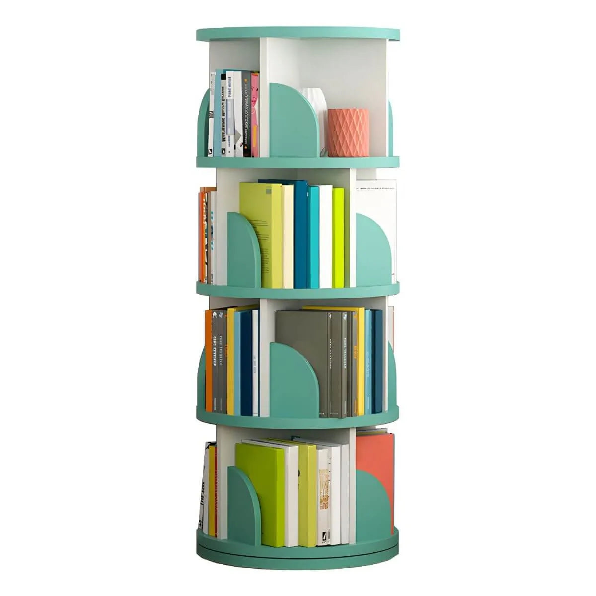 Modern Rotating Wooden Bookshelf – Geometric Open Shelving Unit