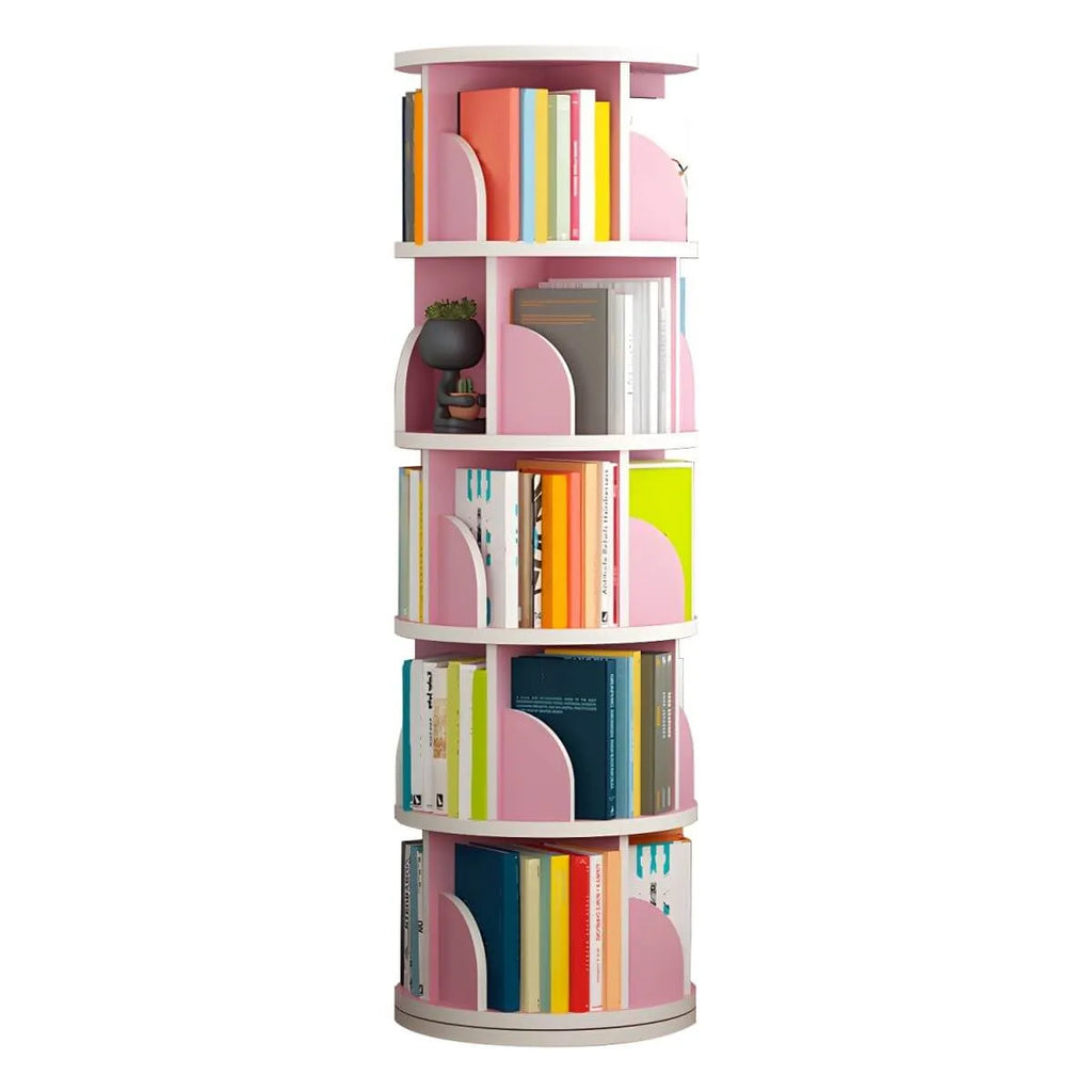 Modern Rotating Wooden Bookshelf – Geometric Open Shelving Unit