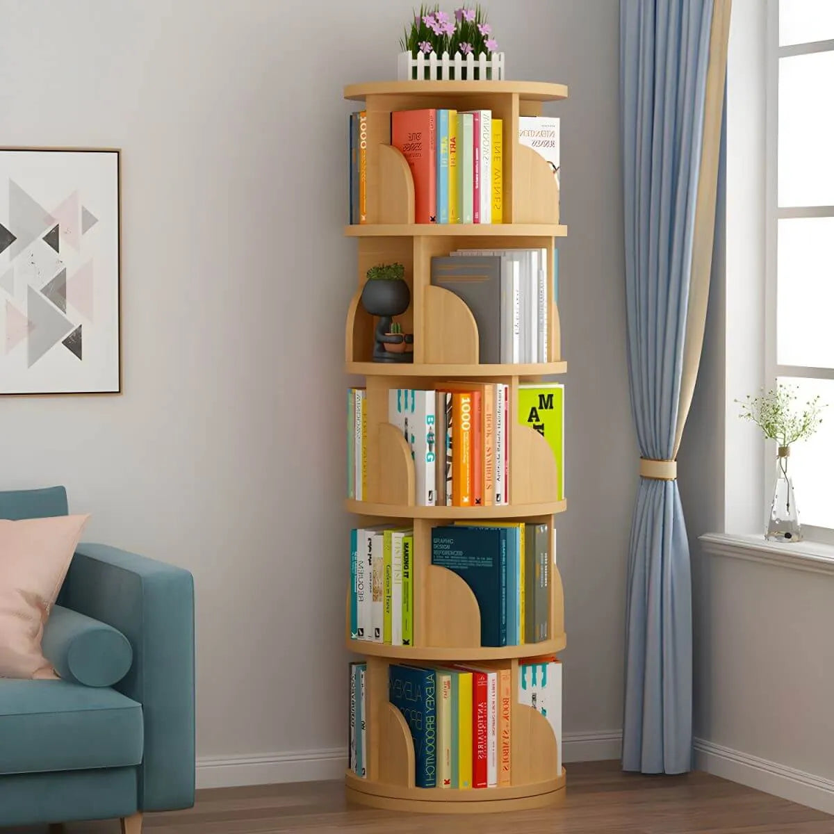 Modern Rotating Wooden Bookshelf – Geometric Open Shelving Unit