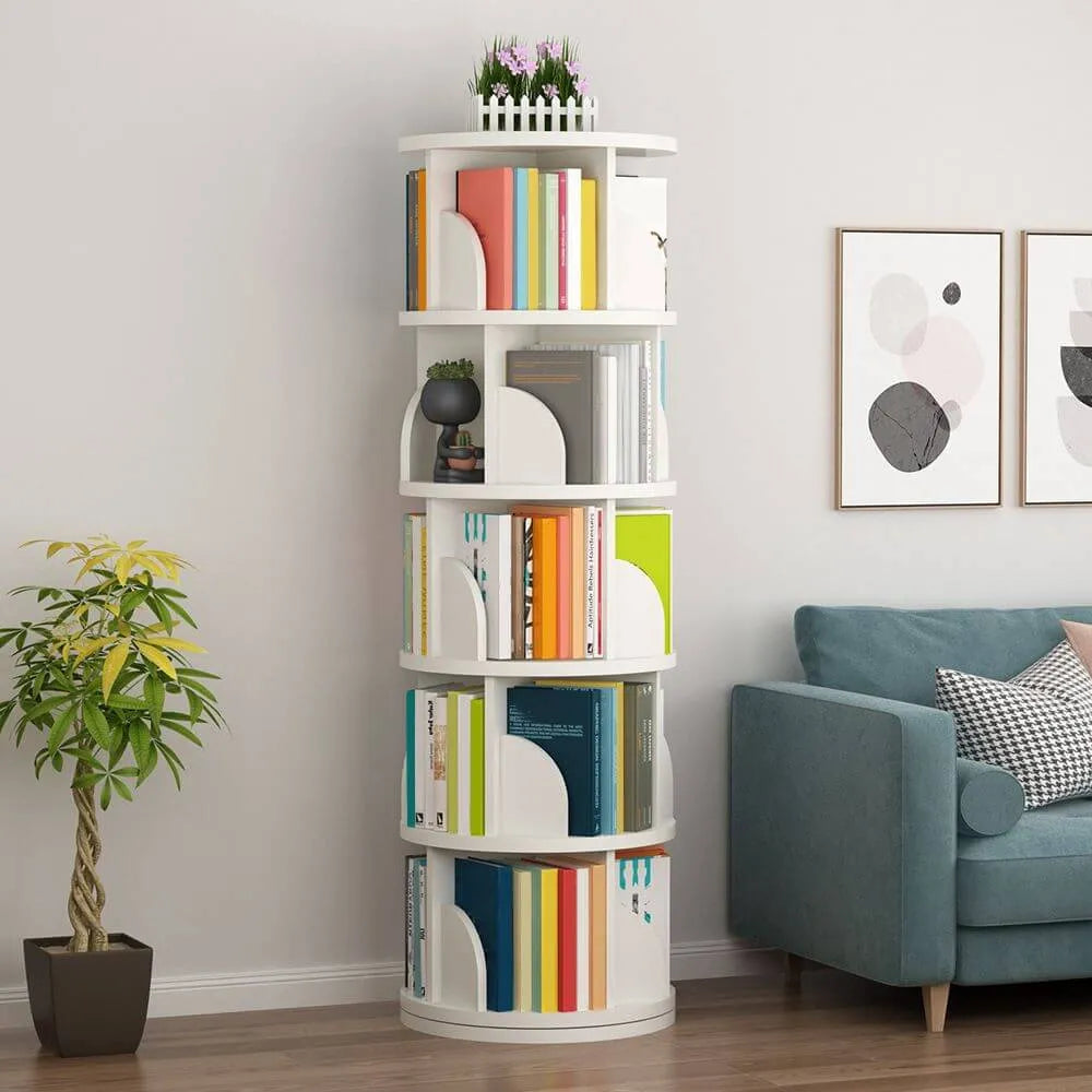 Modern Rotating Wooden Bookshelf – Geometric Open Shelving Unit