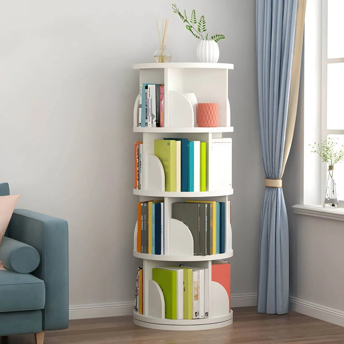 Modern Rotating Wooden Bookshelf – Geometric Open Shelving Unit Main Product Image Imagen principal del producto