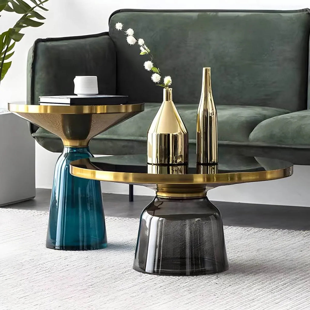 Modern Round Glass Coffee Table with Sculptural Pedestal Base