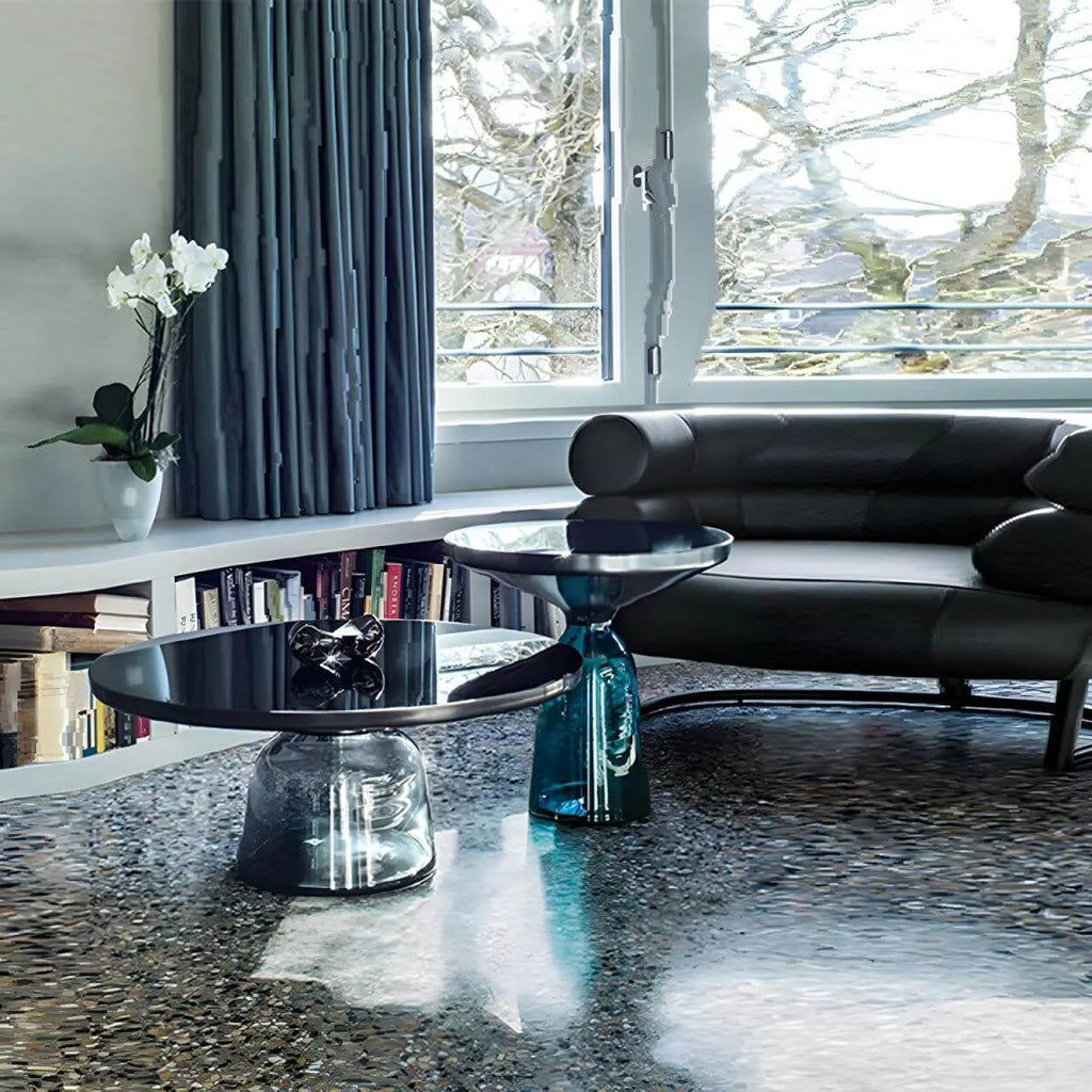 Modern Round Glass Coffee Table with Sculptural Pedestal Base