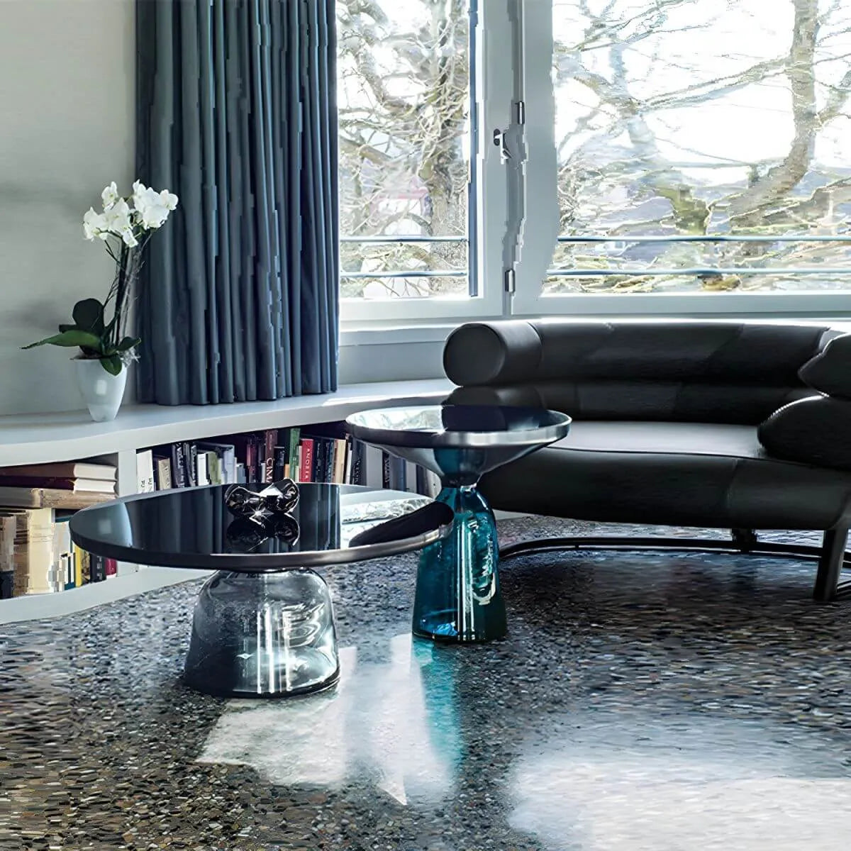 Modern Round Glass Coffee Table with Sculptural Pedestal Base