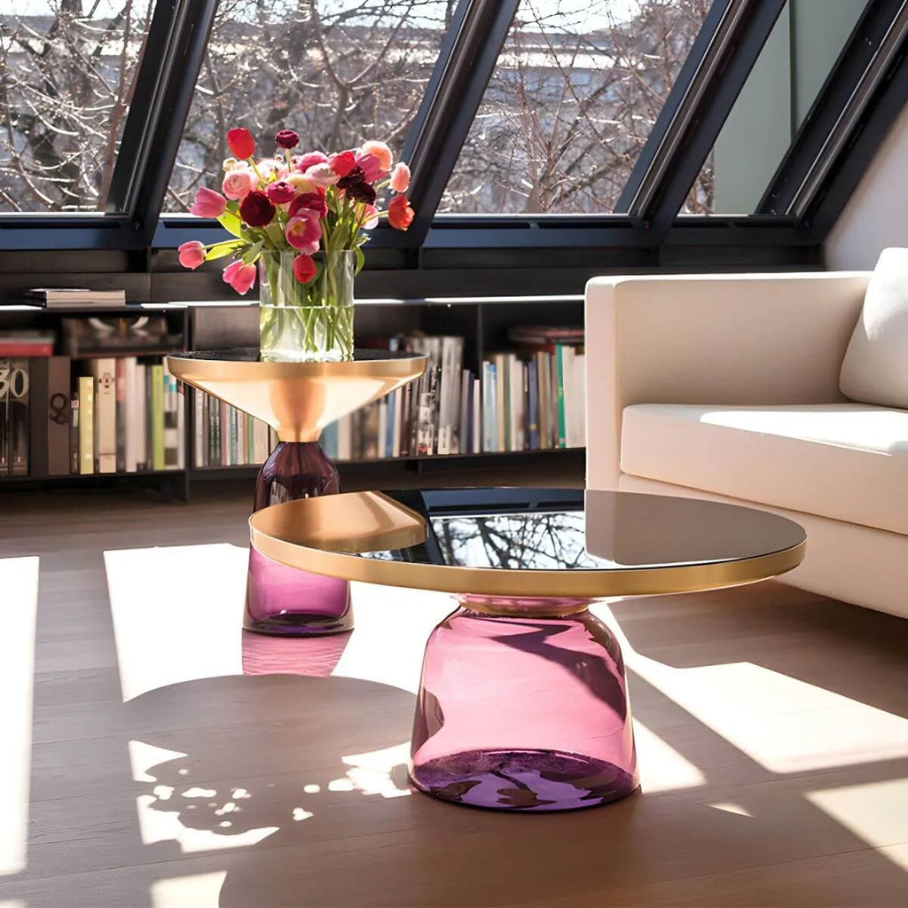 Modern Round Glass Coffee Table with Sculptural Pedestal Base