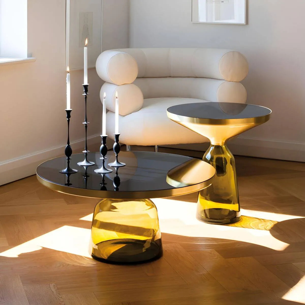 Modern Round Glass Coffee Table with Sculptural Pedestal Base Main Product Image Main image