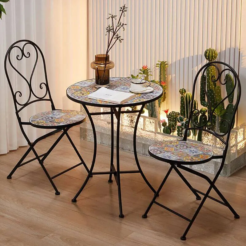 Modern Round Metal Patio Dining Set with Mosaic Top and Folding Chairs Image secondaire du produit