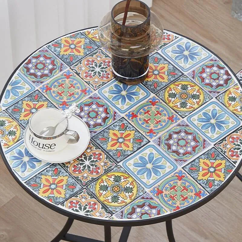 Modern Round Metal Patio Dining Set with Mosaic Top and Folding Chairs