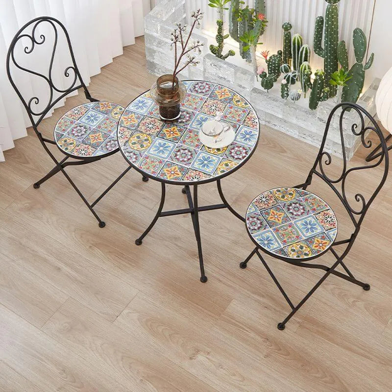 Modern Round Metal Patio Dining Set with Mosaic Top and Folding Chairs Main Product Image