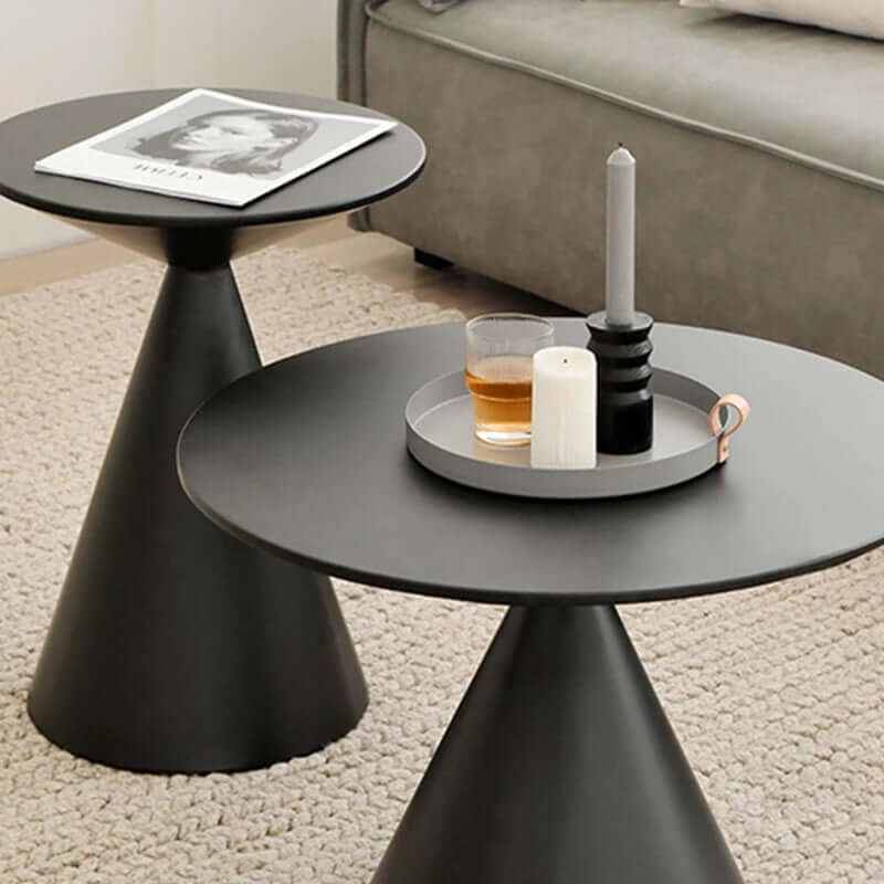 Modern Round Metal Pedestal Side Table Set - Black/White