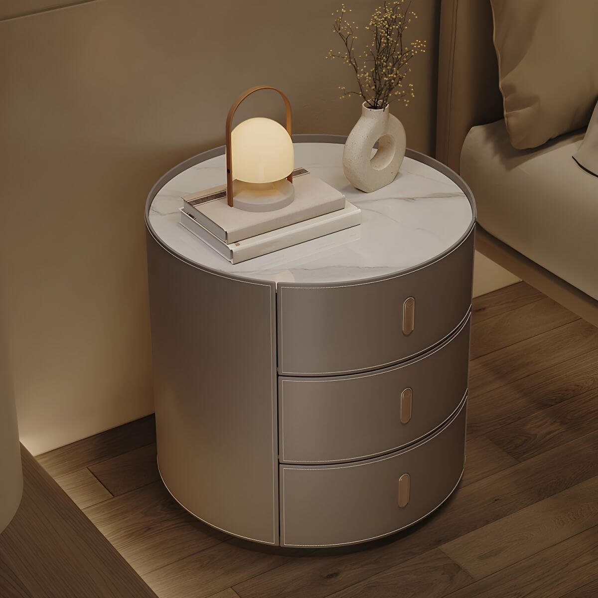 Modern Round Nightstand with Stone Top and Three Drawers