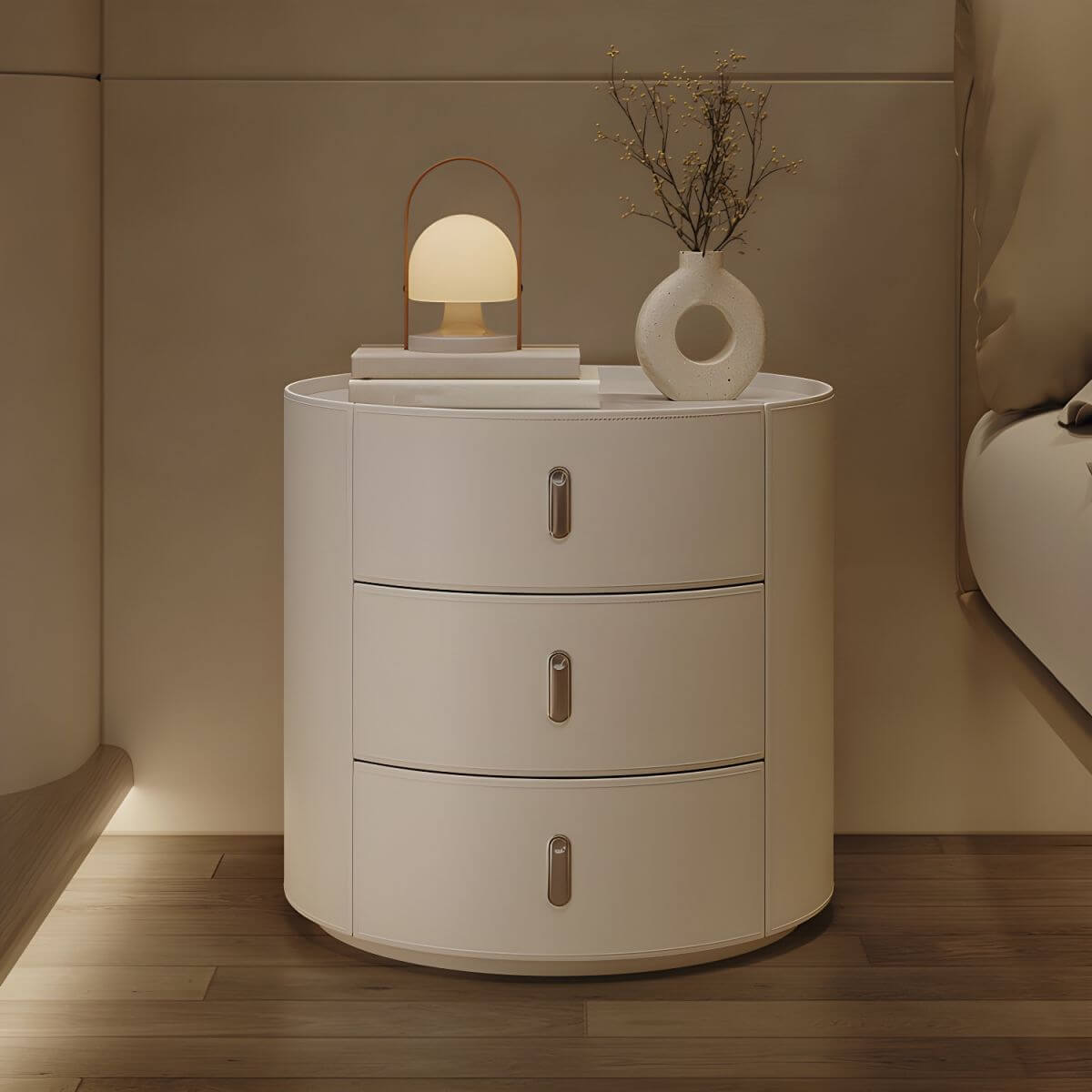 Modern Round Nightstand with Stone Top and Three Drawers