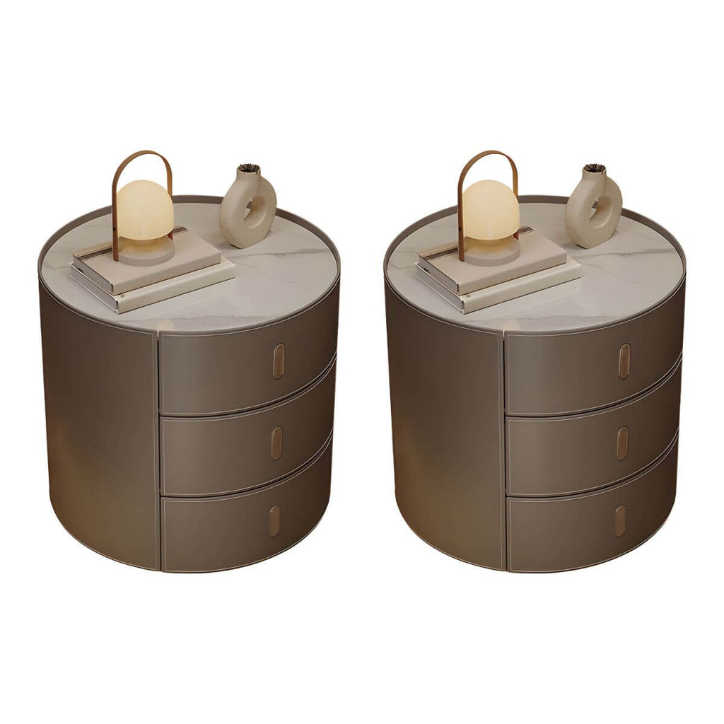 Modern Round Nightstand with Stone Top and Three Drawers