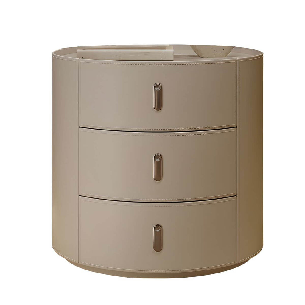 Modern Round Nightstand with Stone Top and Three Drawers