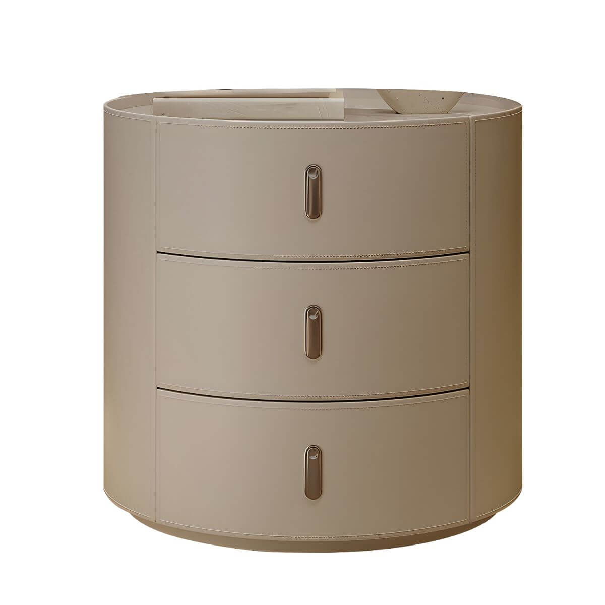 Modern Round Nightstand with Stone Top and Three Drawers