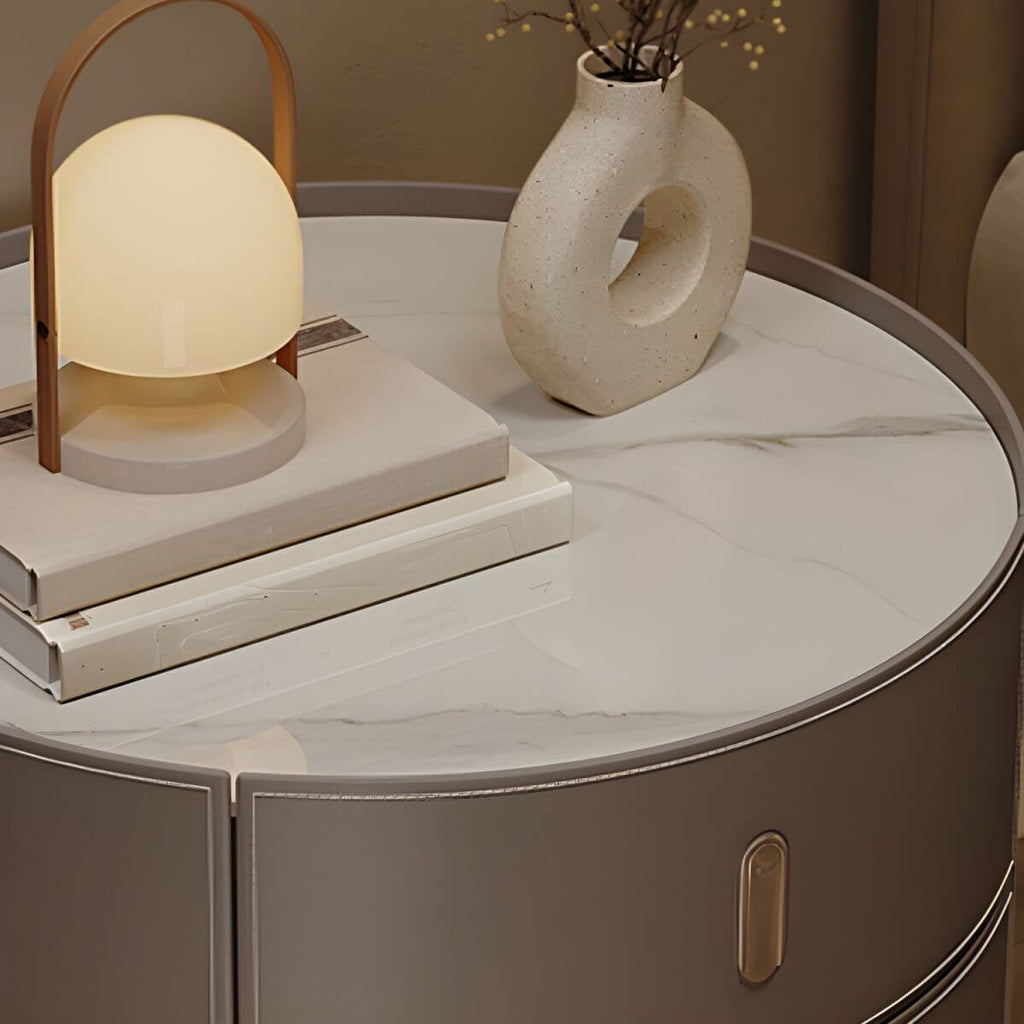 Modern Round Nightstand with Stone Top and Three Drawers