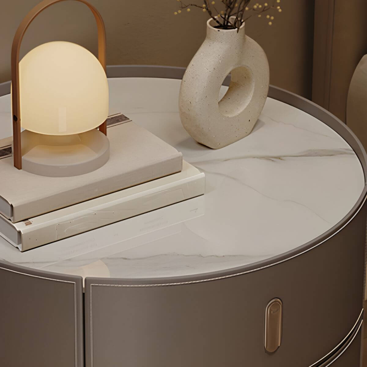 Modern Round Nightstand with Stone Top and Three Drawers