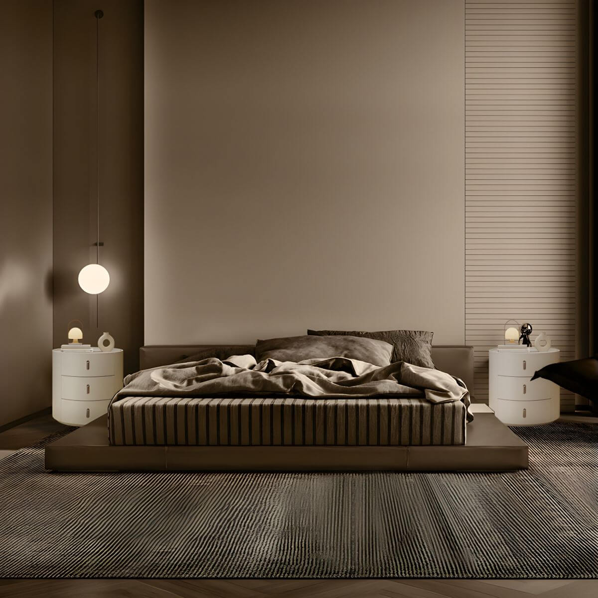 Modern Round Nightstand with Stone Top and Three Drawers